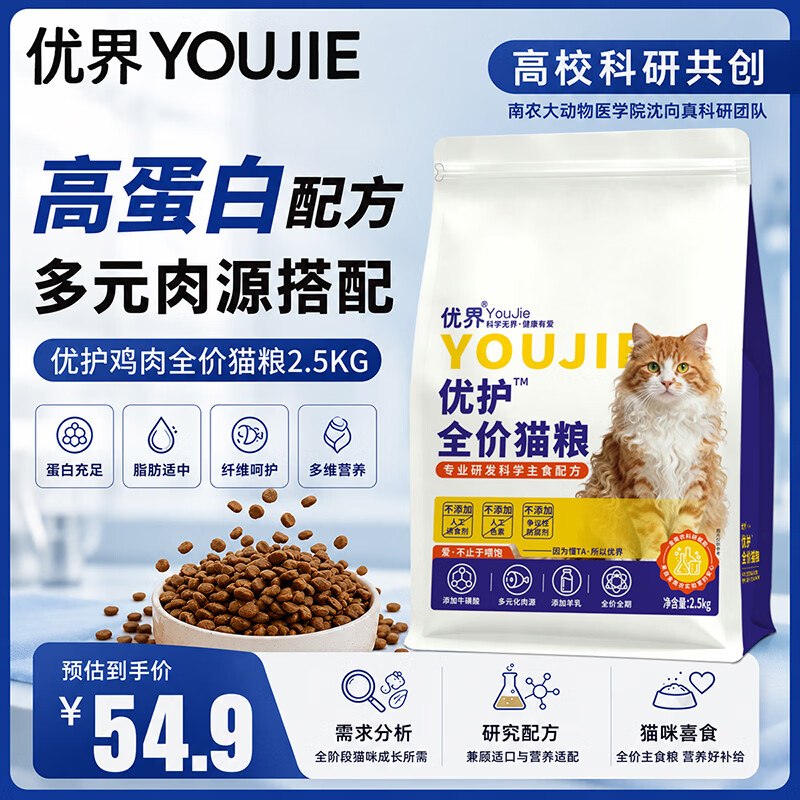 如有200-20黑五卷搜标题或关键字，得10限时券优界优护全价猫粮2.5kg凑后28.55返20卡，即【8.55】有赠品