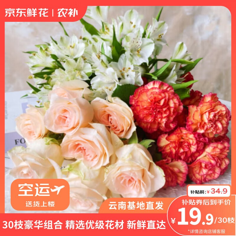 自营京东鲜花 随机色康乃馨10枝+玫瑰10枝+赠六初10枝才折0.6/枝！！拍下【19.8元】